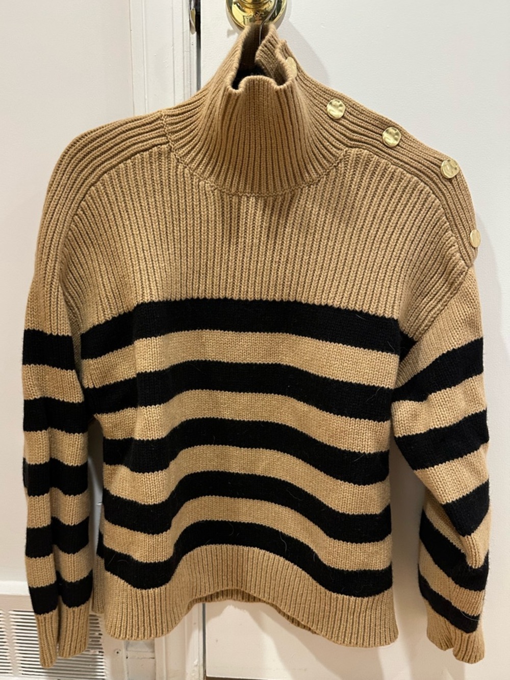 COS Camel & Black Striped Turtleneck Sweater with Shoulder Buttons
